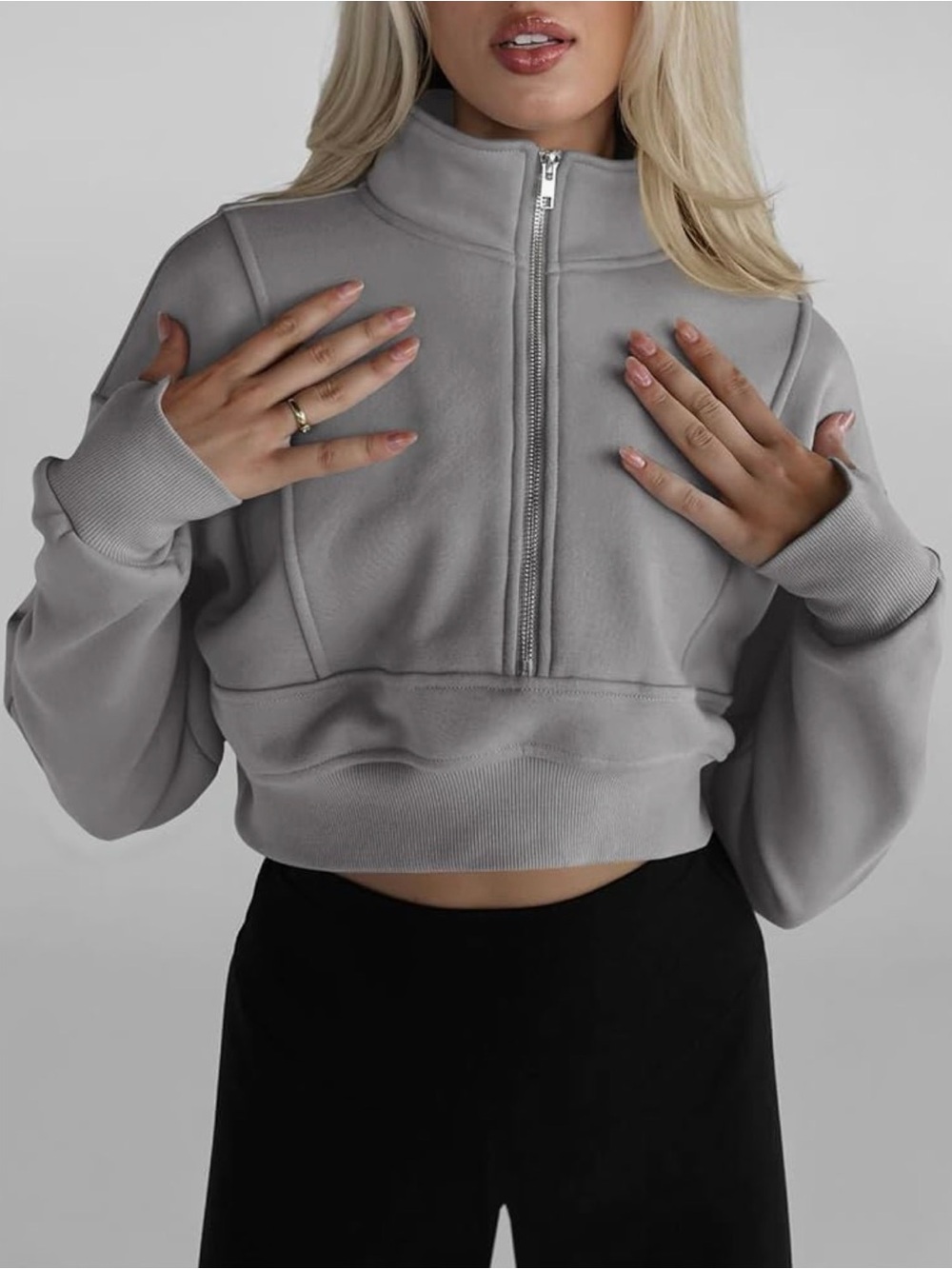 Cropped Quarter-Zip Sweatshirt - Grey